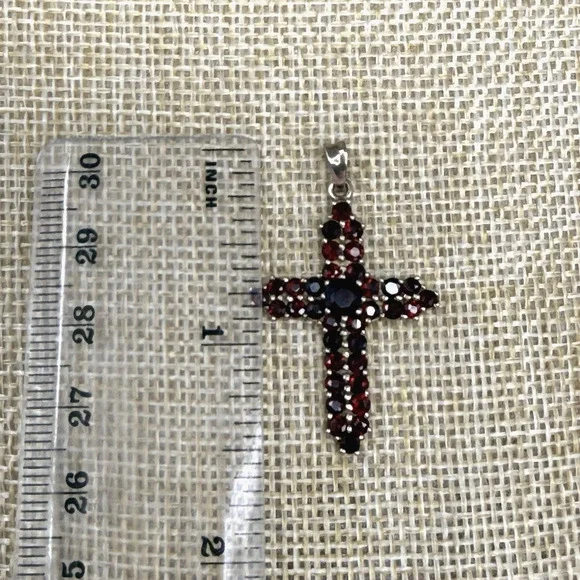 925 Bohemian Style Garnet Sterling Silver Vermeil Cross Pendant - Picture 3 of 7